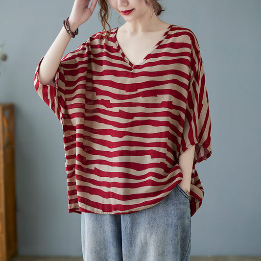 Breathable High-Low Stripe Batwing Linen Blouse