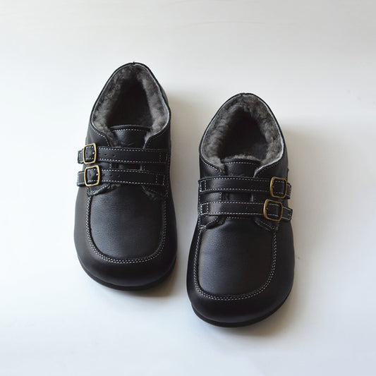 British Style Buckle Design Fleece Wide Toe Leather Shoes
