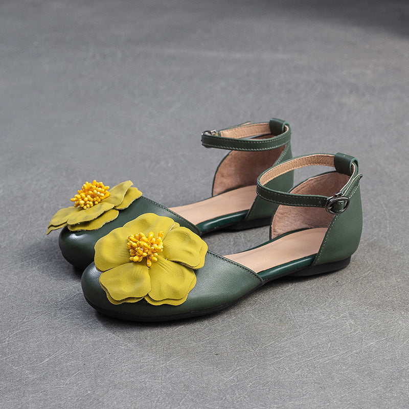 Closed-toe Flower Accents Ankle Straps Leather Sandals