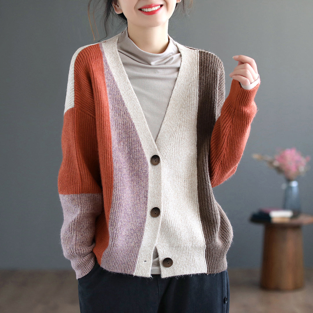 Color-Block Knitted Sweater Cardigan
