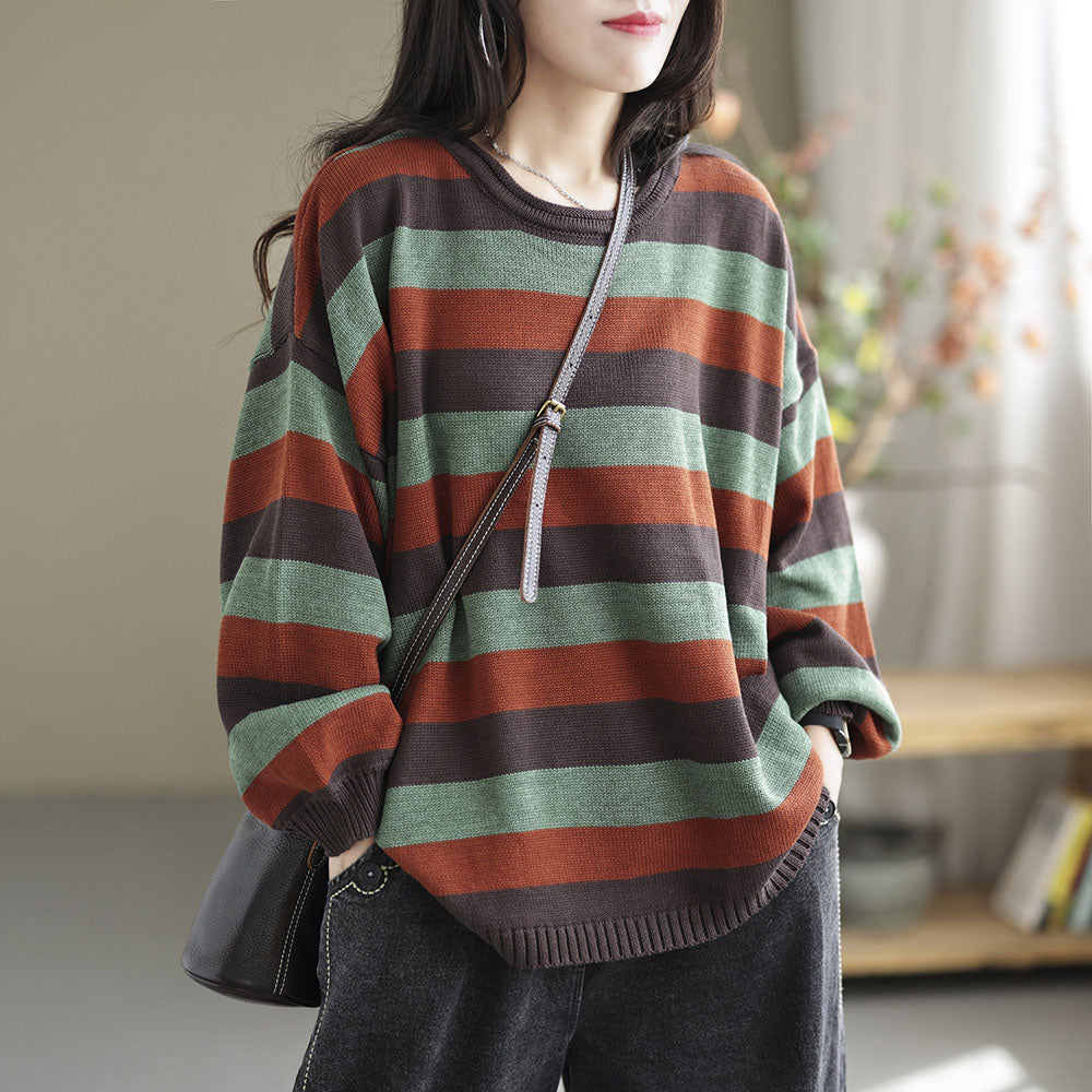 Color-block Striped Long Sleeve Knitted Blouse