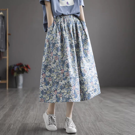 Cotton Floral Elastic Waist Pleated A-Line Skirt