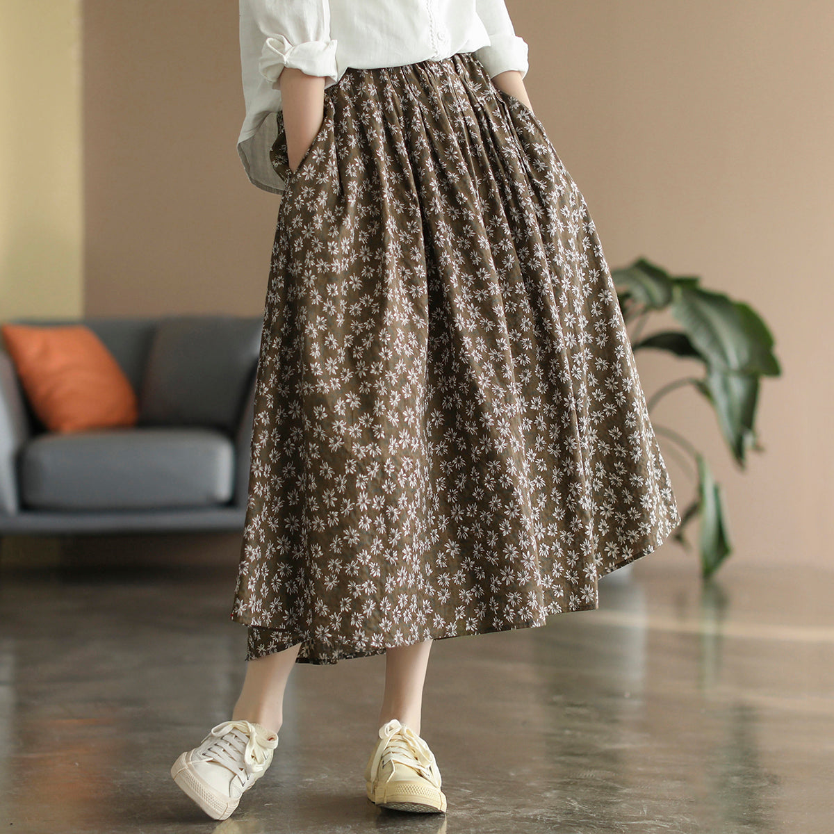 Cotton Linen Retro Floral All-match A-line Skirt
