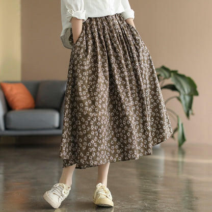 Cotton Linen Retro Floral All-match A-line Skirt