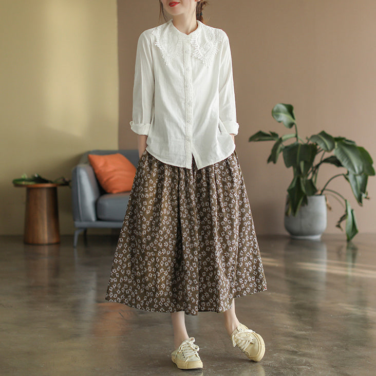Cotton Linen Retro Floral All-match A-line Skirt