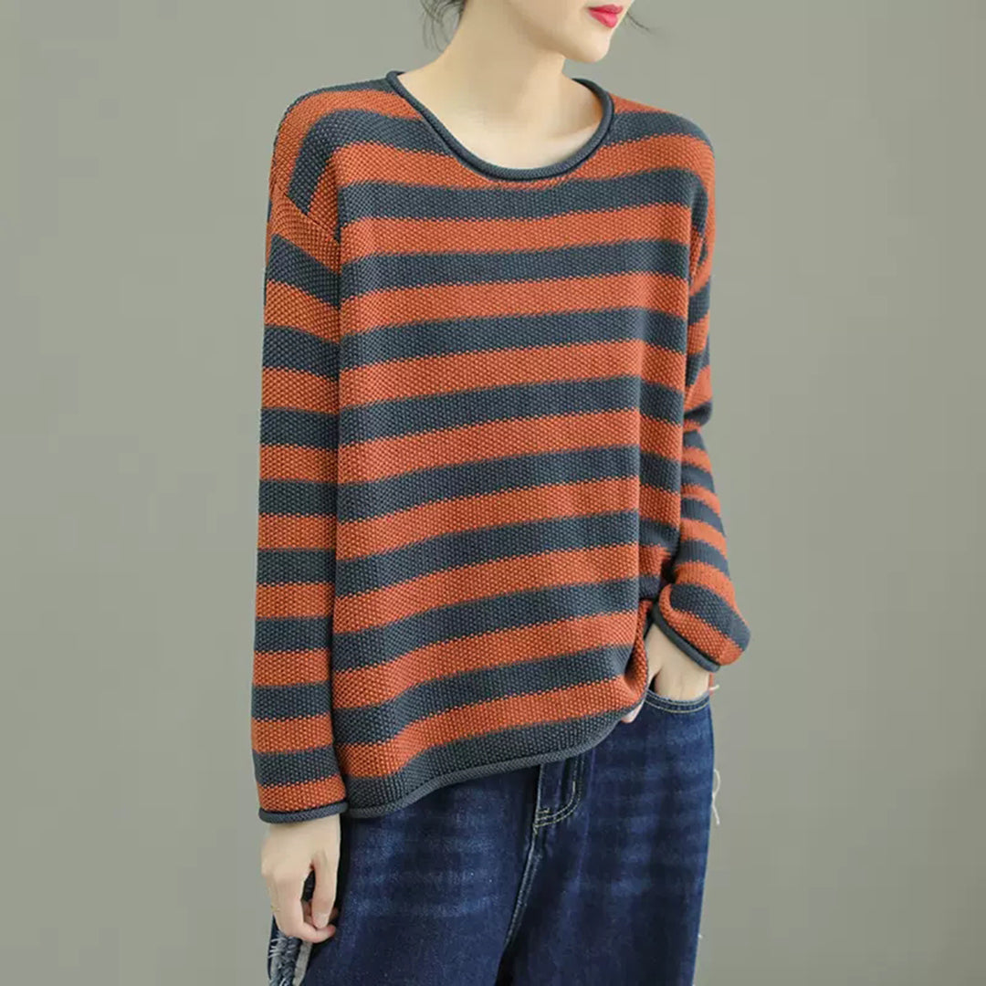 Crew Neck Color-Block Stripes Knitted Sweater