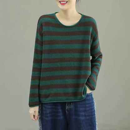Crew Neck Color-Block Stripes Knitted Sweater