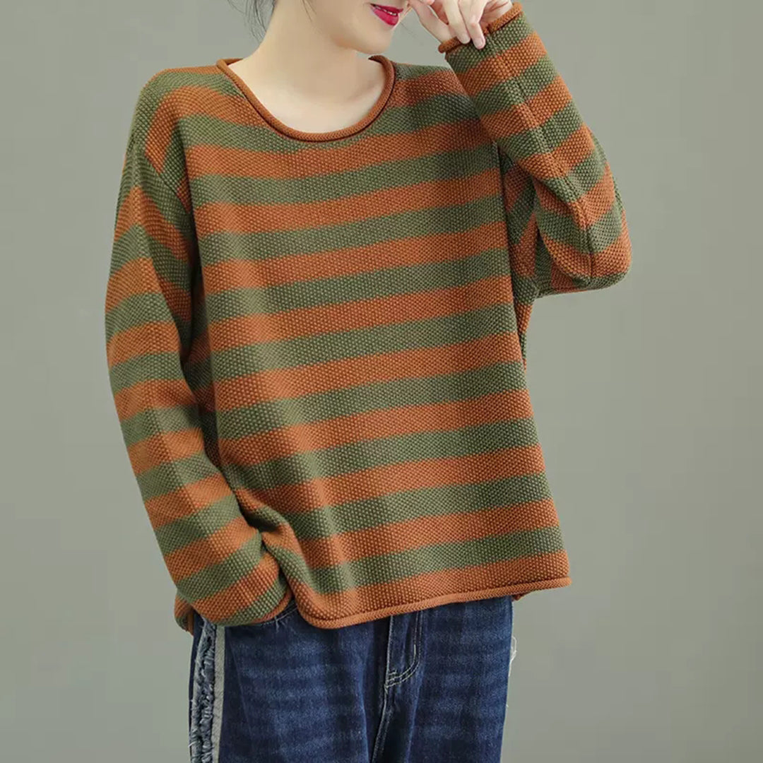 Crew Neck Color-Block Stripes Knitted Sweater