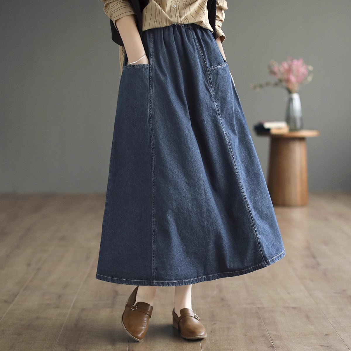 Early Autumn High-waisted literary A-line Denim Skirt