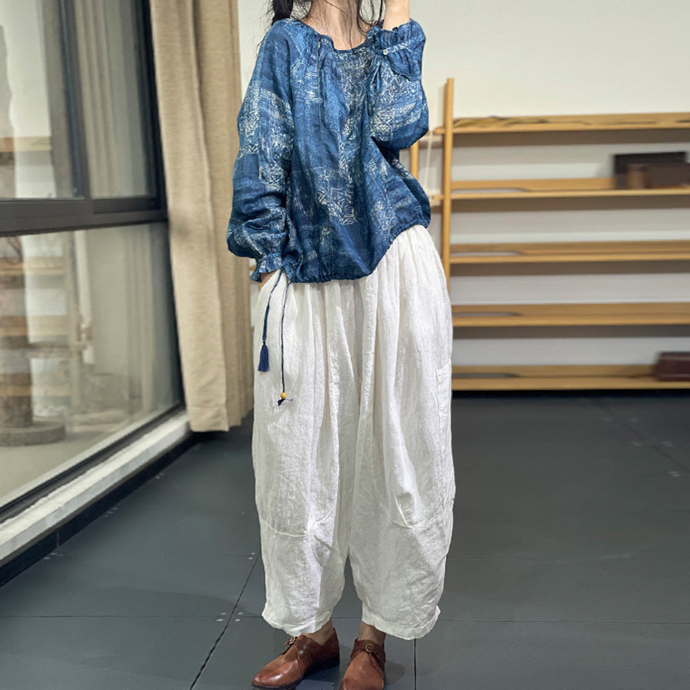 Floral Linen Ruffled Sleeve Blouse