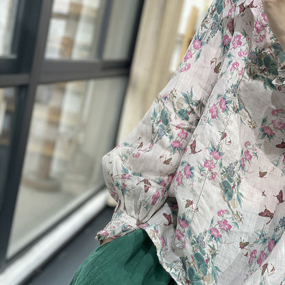 Floral Linen Ruffled Sleeve Blouse