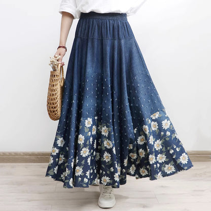 Floral Printed High-Rise Frayed Denim Skirt