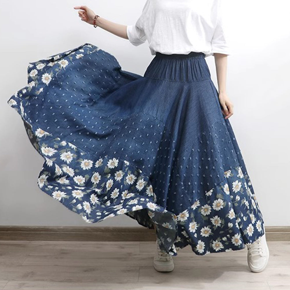 Floral Printed High-Rise Frayed Denim Skirt