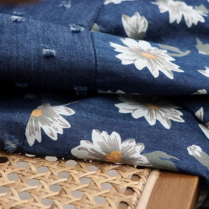 Floral Printed High-Rise Frayed Denim Skirt