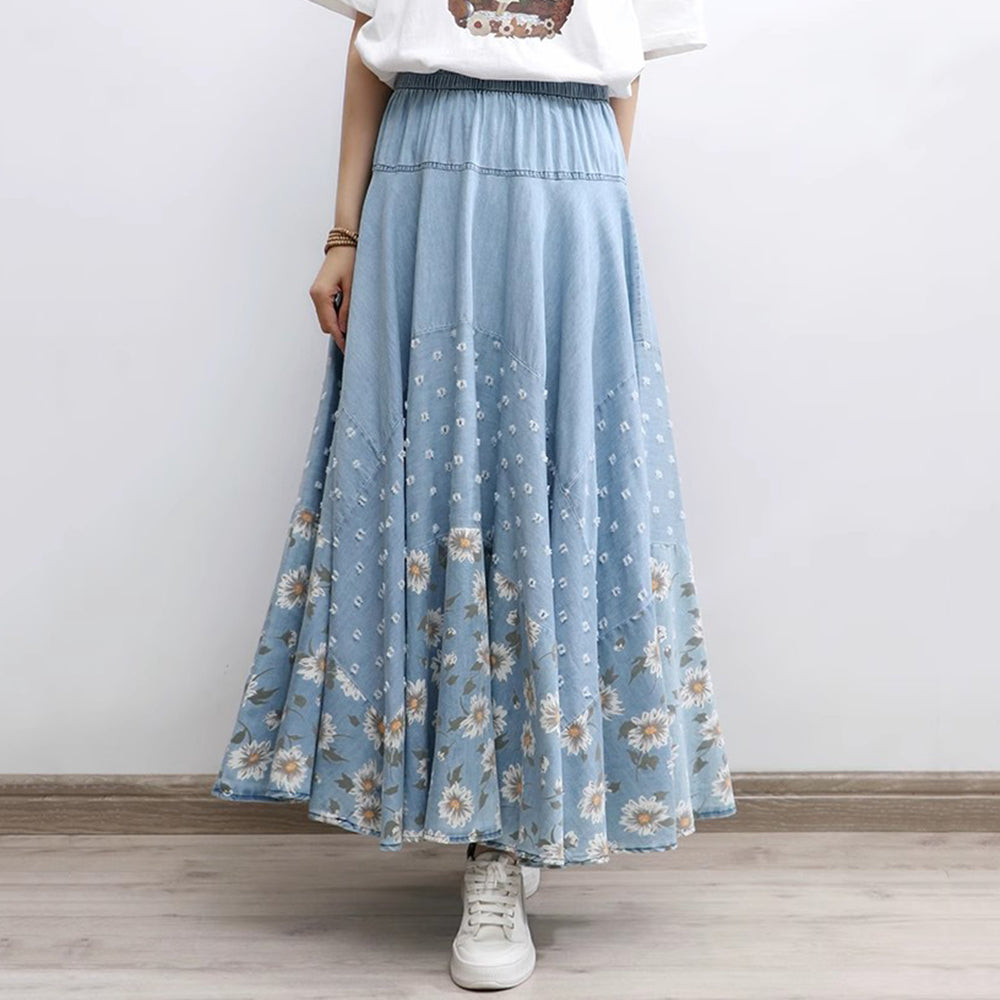 Floral Printed Light Blue High-Rise Denim Skirt
