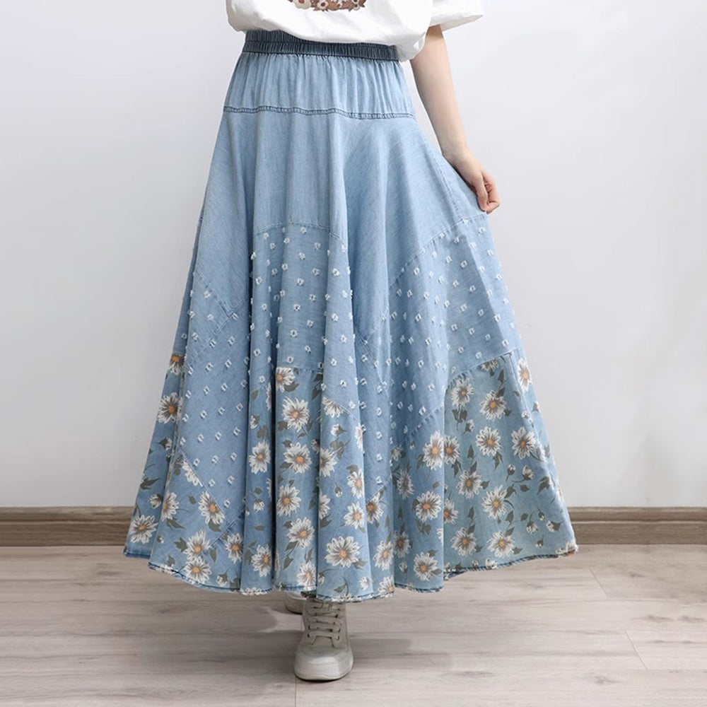 Floral Printed Light Blue High-Rise Denim Skirt