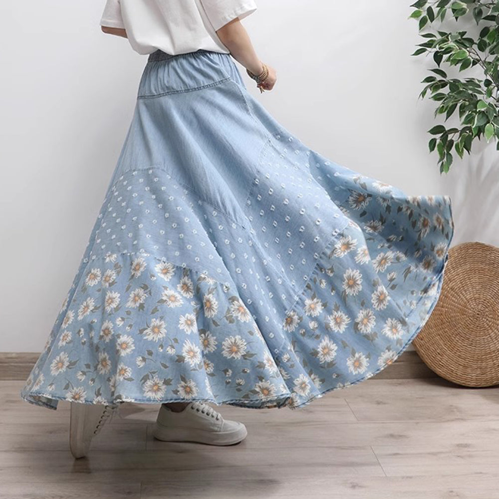 Floral Printed Light Blue High-Rise Denim Skirt