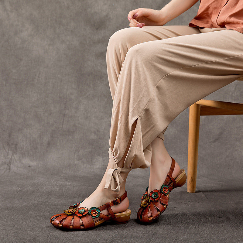 Flower Accents Ethnic Style Versatile Leather Sandals