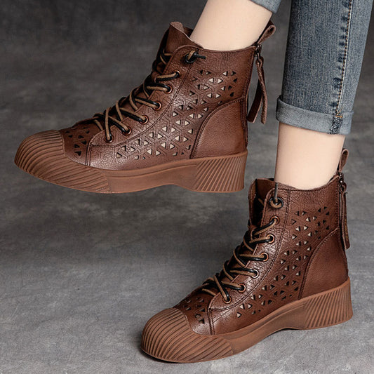 Hollow Out Lace Up Leather Boots - Luckyback