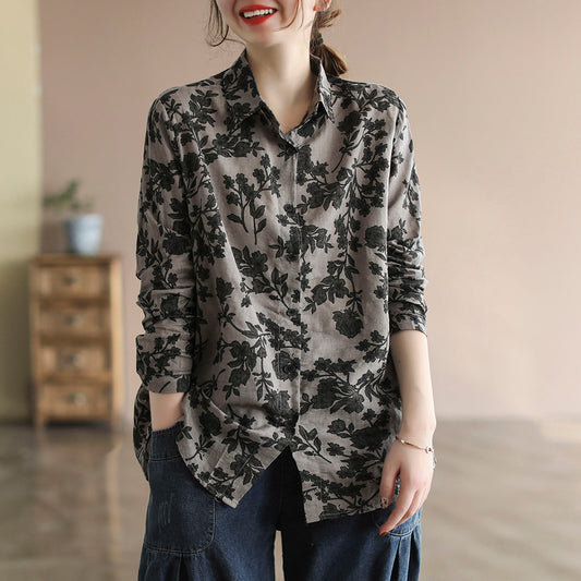 Plants Print Long-sleeved Linen Shirt