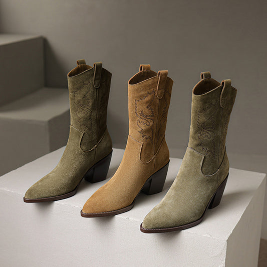 Retro Embroidered Suede Leather Chunky Heels Boots