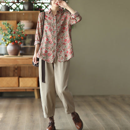 Retro Printed Cotton Linen Floral Casual Shirt