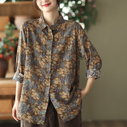 Retro Printed Cotton Linen Floral Casual Shirt