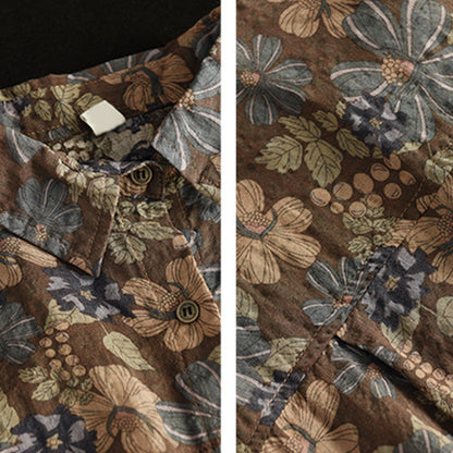 Retro Printed Cotton Linen Floral Casual Shirt