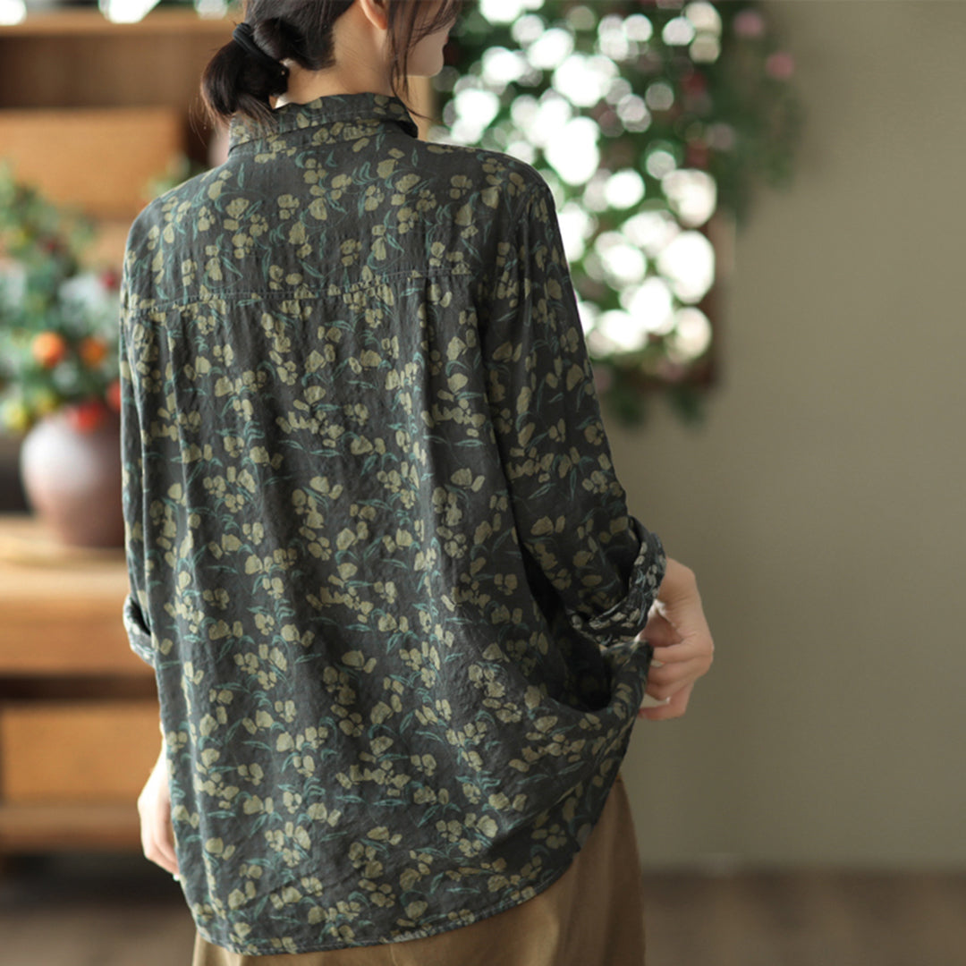 Retro Printed Cotton Linen Floral Casual Shirt