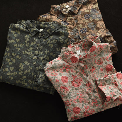Retro Printed Cotton Linen Floral Casual Shirt
