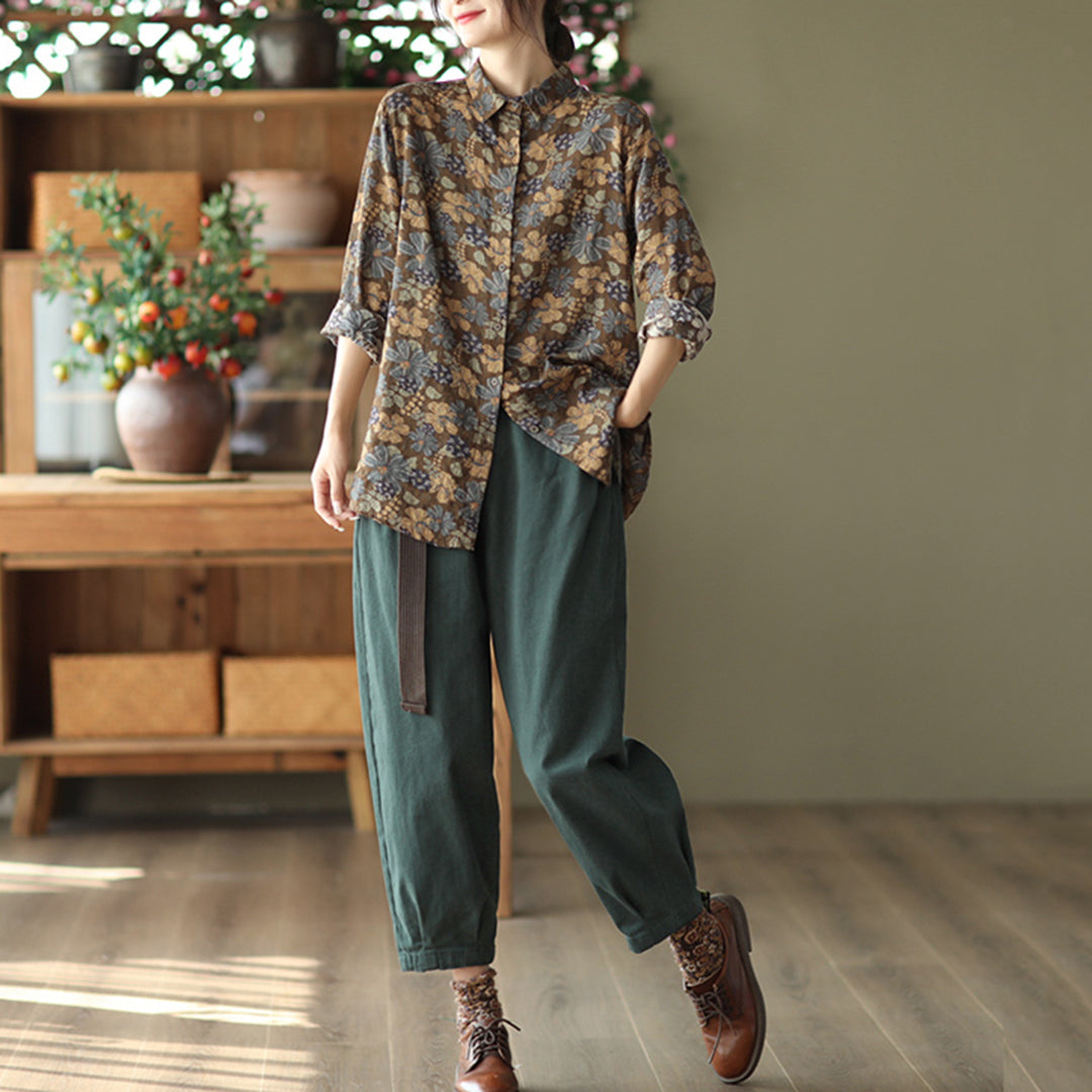 Retro Printed Cotton Linen Floral Casual Shirt