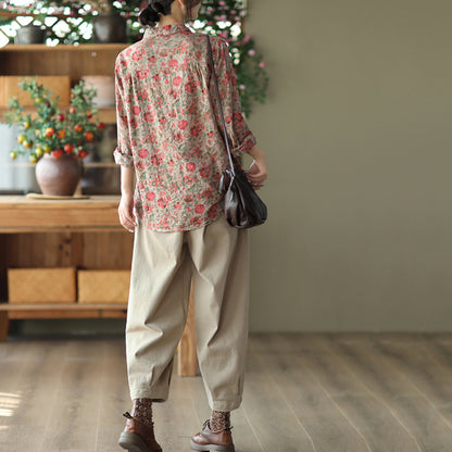 Retro Printed Cotton Linen Floral Casual Shirt
