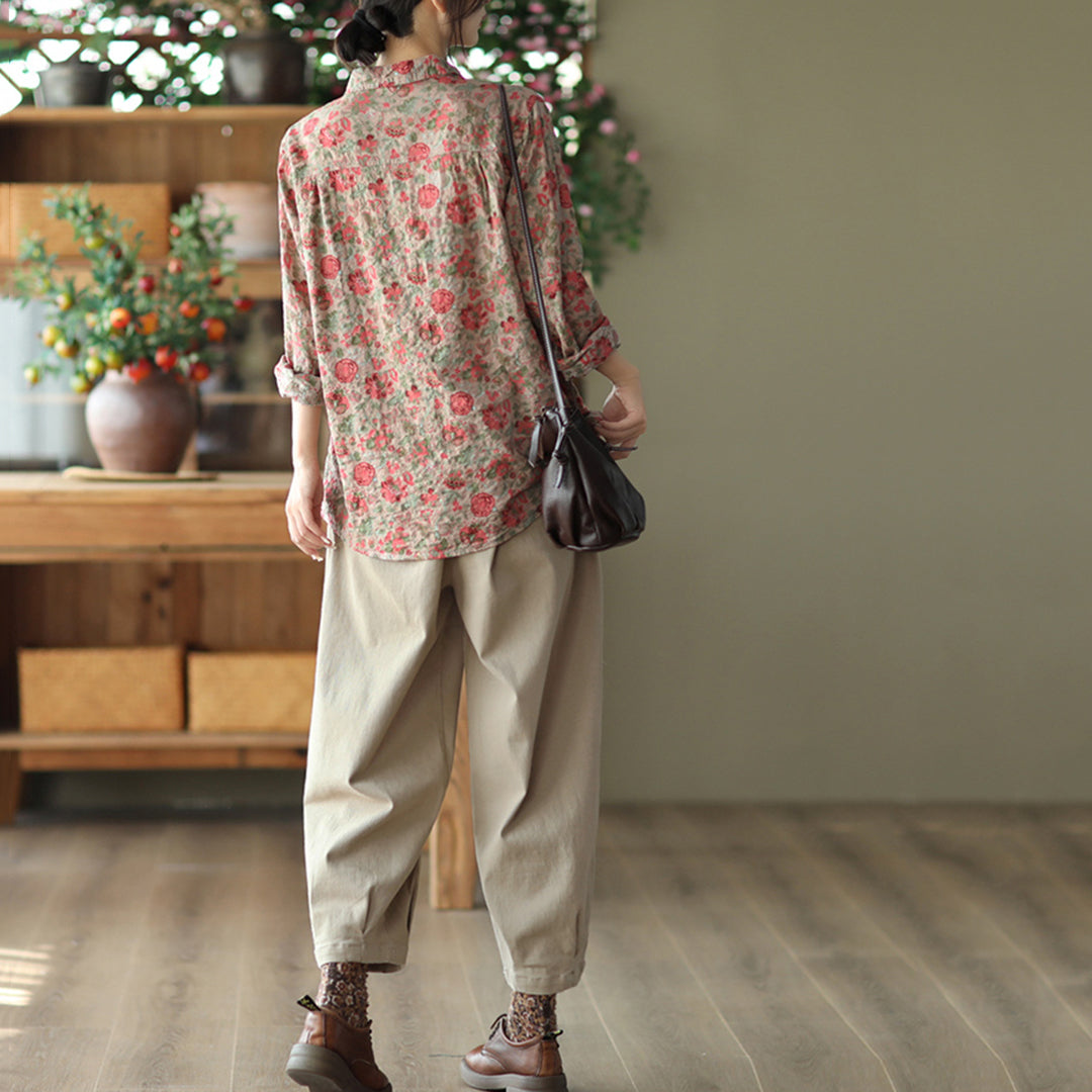 Retro Printed Cotton Linen Floral Casual Shirt