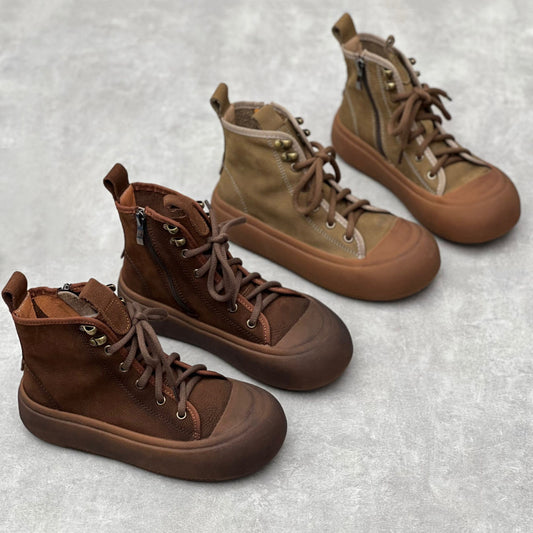 Retro Round Toe Lace-up Casual Leather Boots