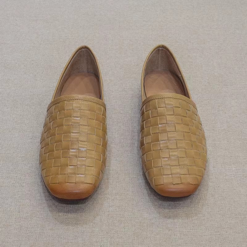 Slip-on Flat Cowhide Woven Leather Loafers