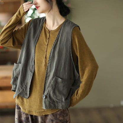 Solid Sleeveless Casual Linen Vest