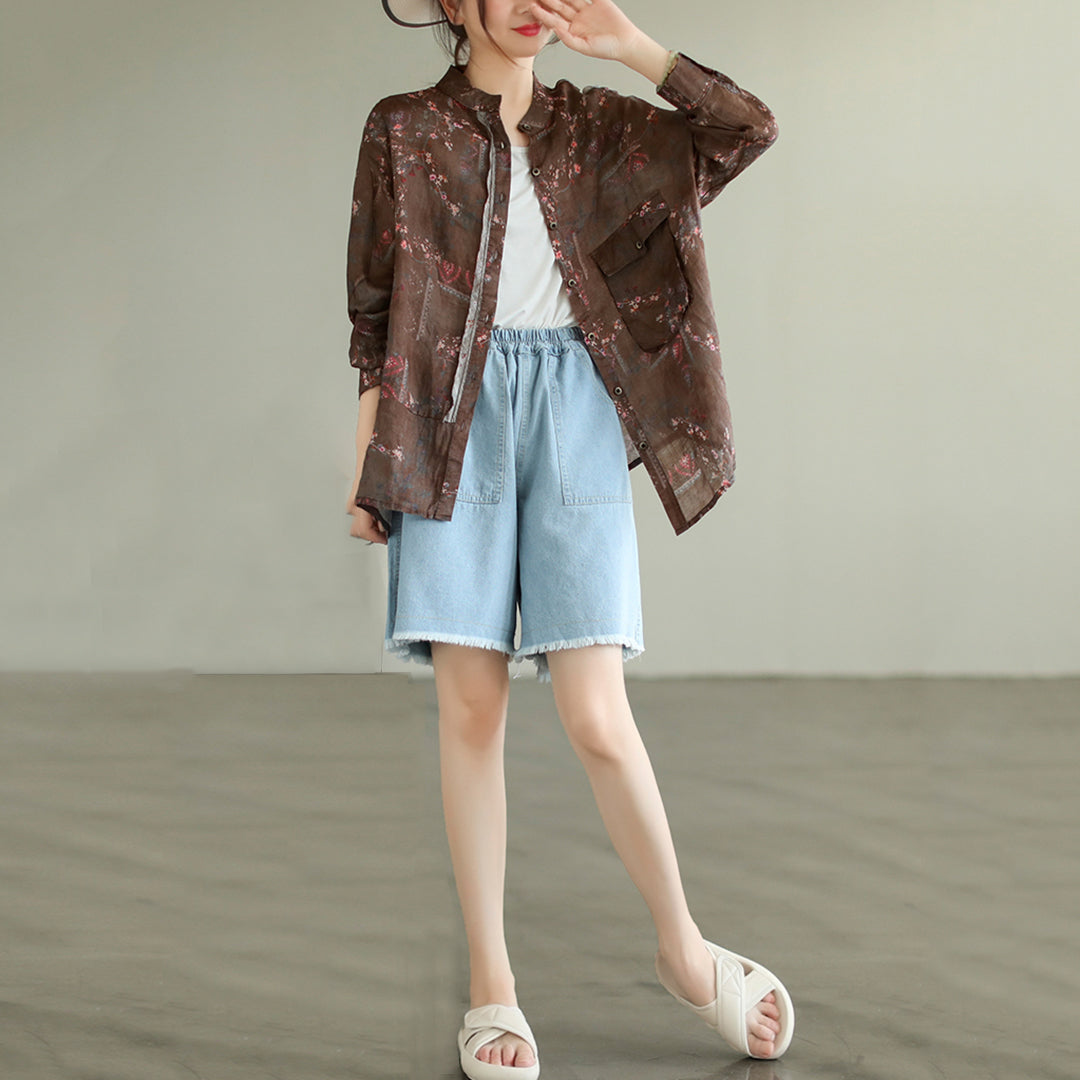 Stand Collar Ramie Long Sleeve Shirt