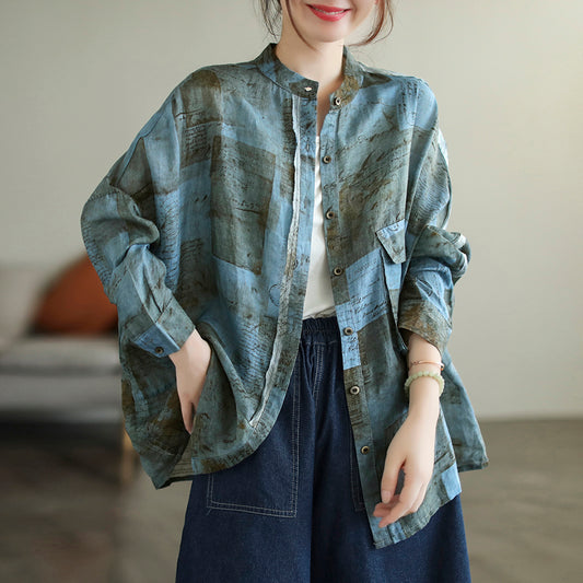 Stand Collar Ramie Long Sleeve Shirt