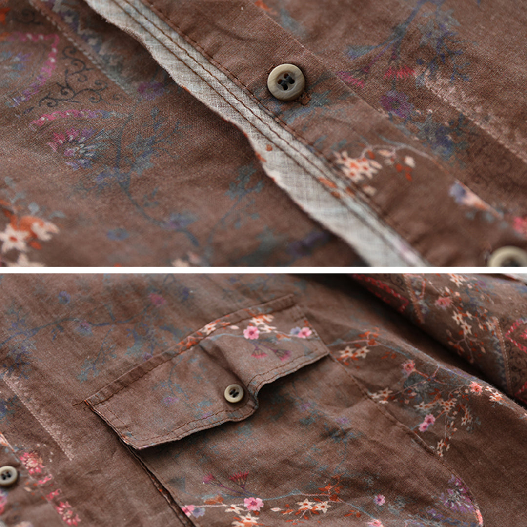 Stand Collar Ramie Long Sleeve Shirt