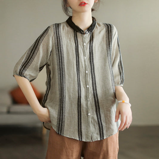 Stitching Retro Ramie Print Sleeve Shirt