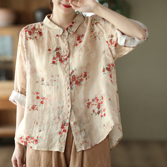 Women High-Low Linen Flower Printed Shirt - Luckyback
