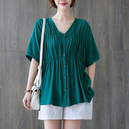 Women Loose Fit Solid Gathered Blouse