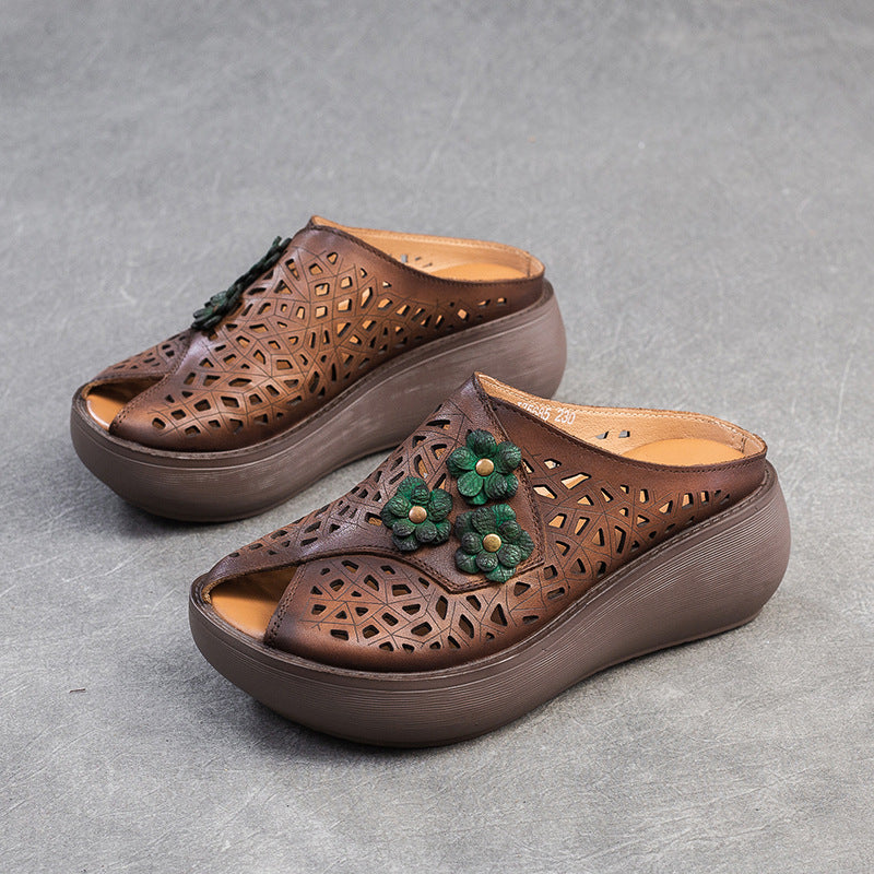 Women Peep Toe Hollow-out Leather Wedge Slippers