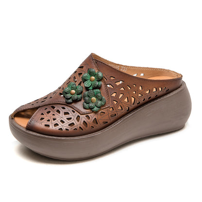 Women Peep Toe Hollow-out Leather Wedge Slippers