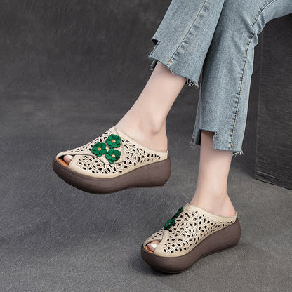 Women Peep Toe Hollow-out Leather Wedge Slippers