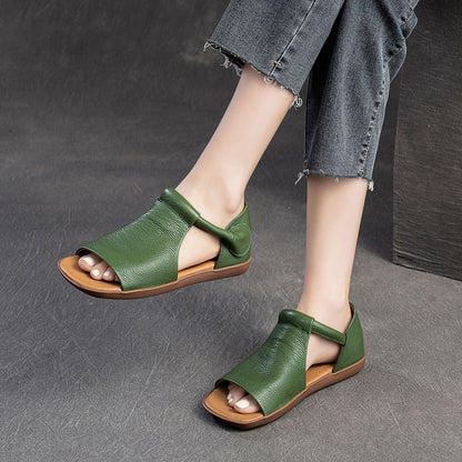 Women Peep Toe Velcro Casual Leather Flat Sandals