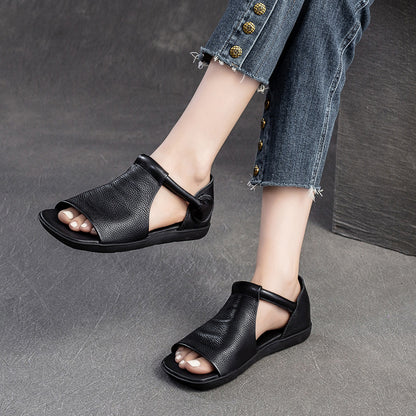 Women Peep Toe Velcro Casual Leather Flat Sandals