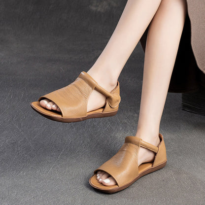 Women Peep Toe Velcro Casual Leather Flat Sandals
