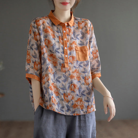 Women Printed Ramie Half Sleeve Blouse