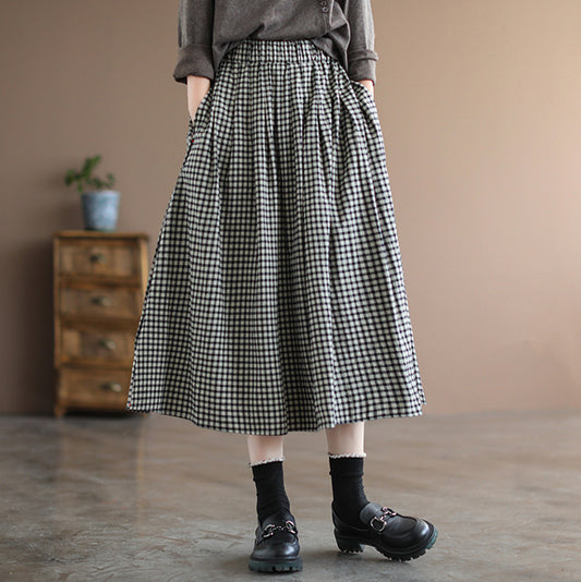 Women Retro Cotton Linen A-Line Plaid Skirt